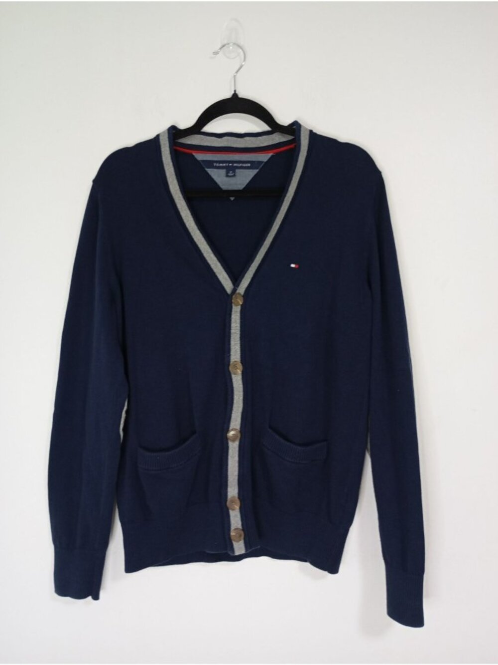 Tommy Hilfiger Mens Navy Blue Cardigan Sweater Gray Trim Button Front Size M